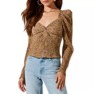 Astr The Label Twist Front Mustard Floral Top Size S